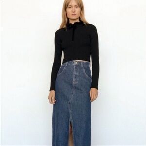 Zara Black Ribbed Velvet Bow Knit Sweater Top